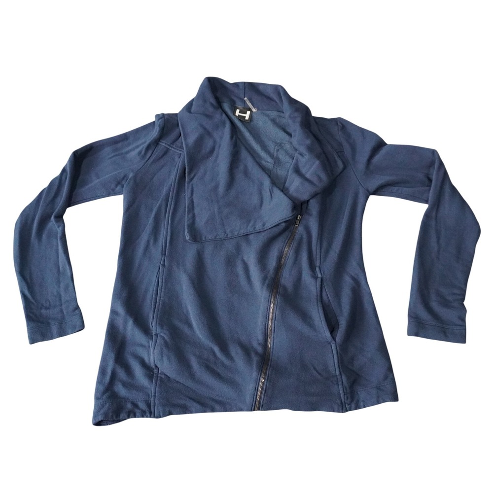 H by bordeaux Womens Full Zip Knit Jacket Small Blue Asymmetrical Shawl Collar